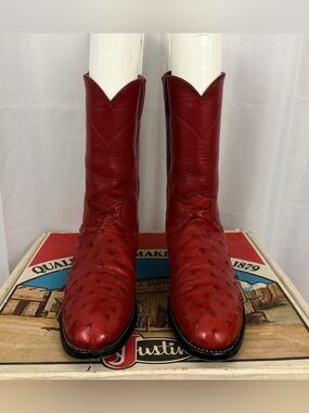 Vintage Justin Super Soft Red Ostrich Quill Roper Western Cowboy Boots 7 1/2B